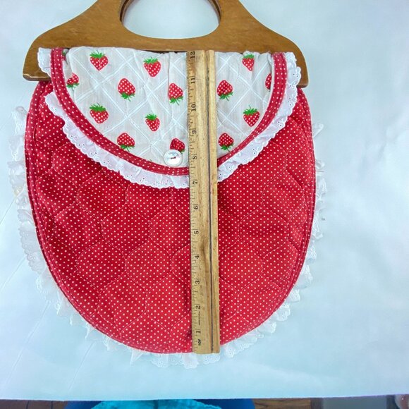 Vintage Wood Handle Placemat Handbag Red White Strawberries - Picture 9 of 10